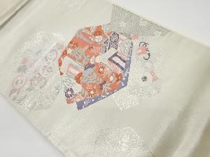 リサイクル　プラチナ二重織御所車に花々・宝尽くし模様織出し名古屋帯